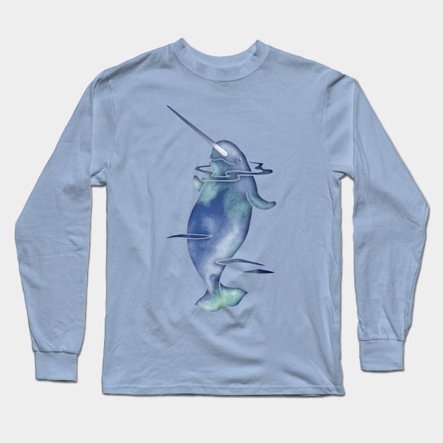 Blue Sea Narwhal Long Sleeve T-Shirt by ferinefire